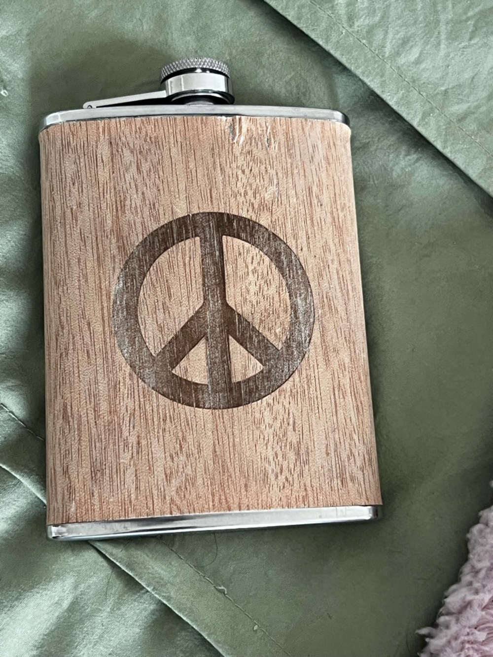 Wood-Grain Peace Sign Flask - Brown